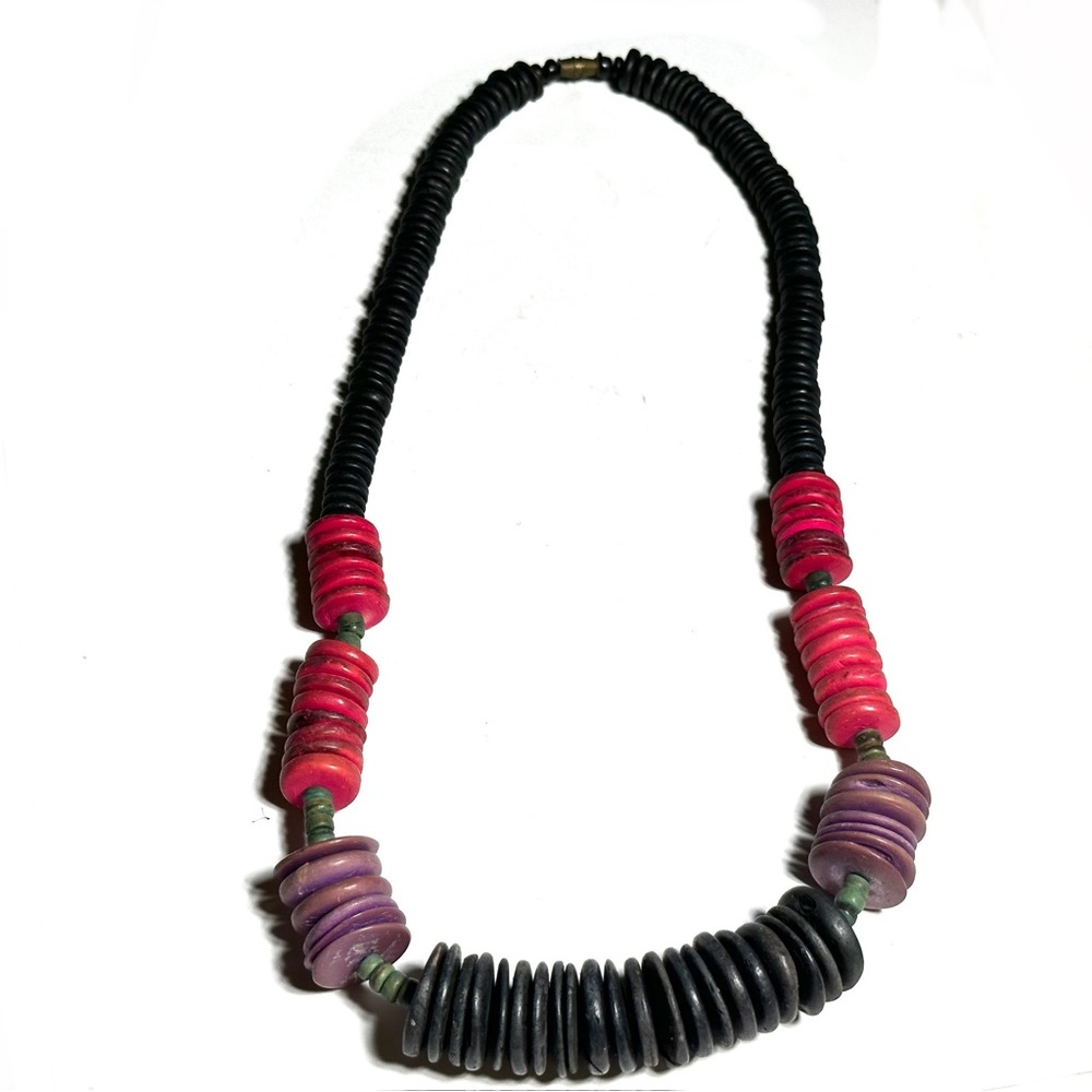 Vintage Wooden Boho Beaded Necklace Red Black & Purple Discs Green Spacers